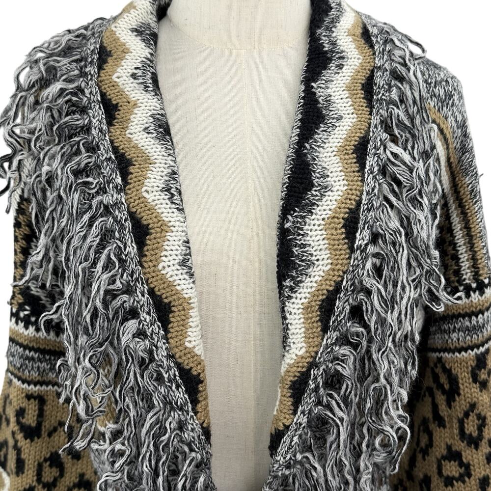 Vintage 80s Together Cardigan Sweater Medium Leopard Print Fringe Chunky Knit - Picture 8 of 13